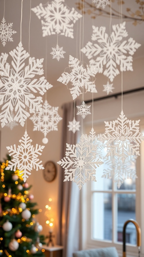 A display of 3D paper snowflakes in different designs hanging in a festive room decorated for Christmas.
